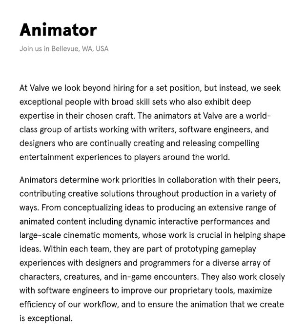 Valve добавила новую вакансию Аниматора на свой официальный сайт